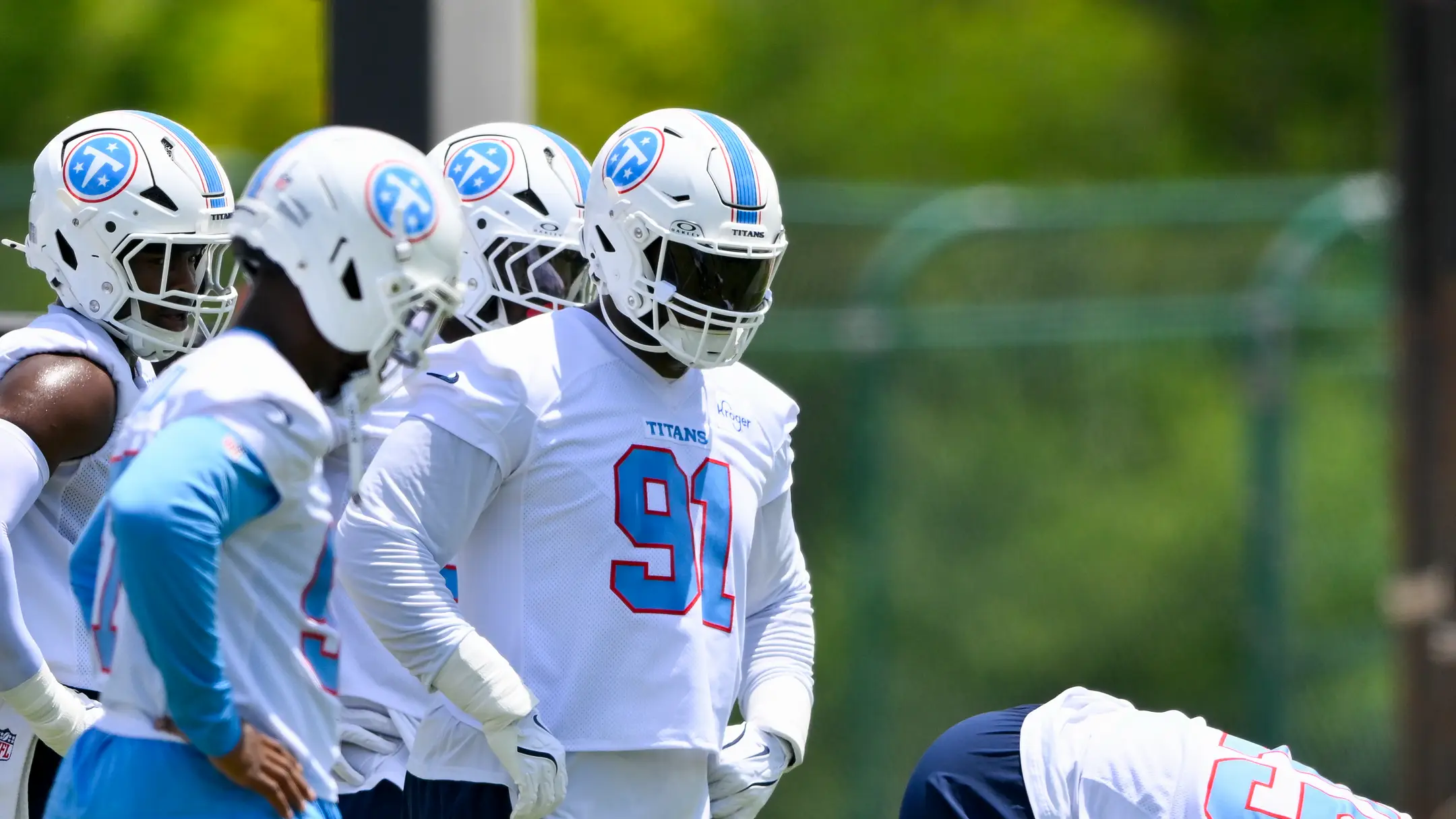 un 16, 2026; Nashville, TN, USA; Tennessee Titans defensive lineman John Franklin-Myers (91) watches during day 1 of mini-camp at Vanderbilt Health Football Center.